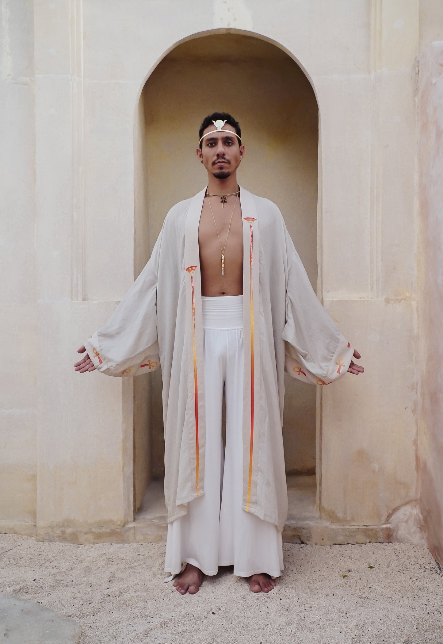 Sekhmet Fire lotus ankh bone turkish cotton long kimono ....