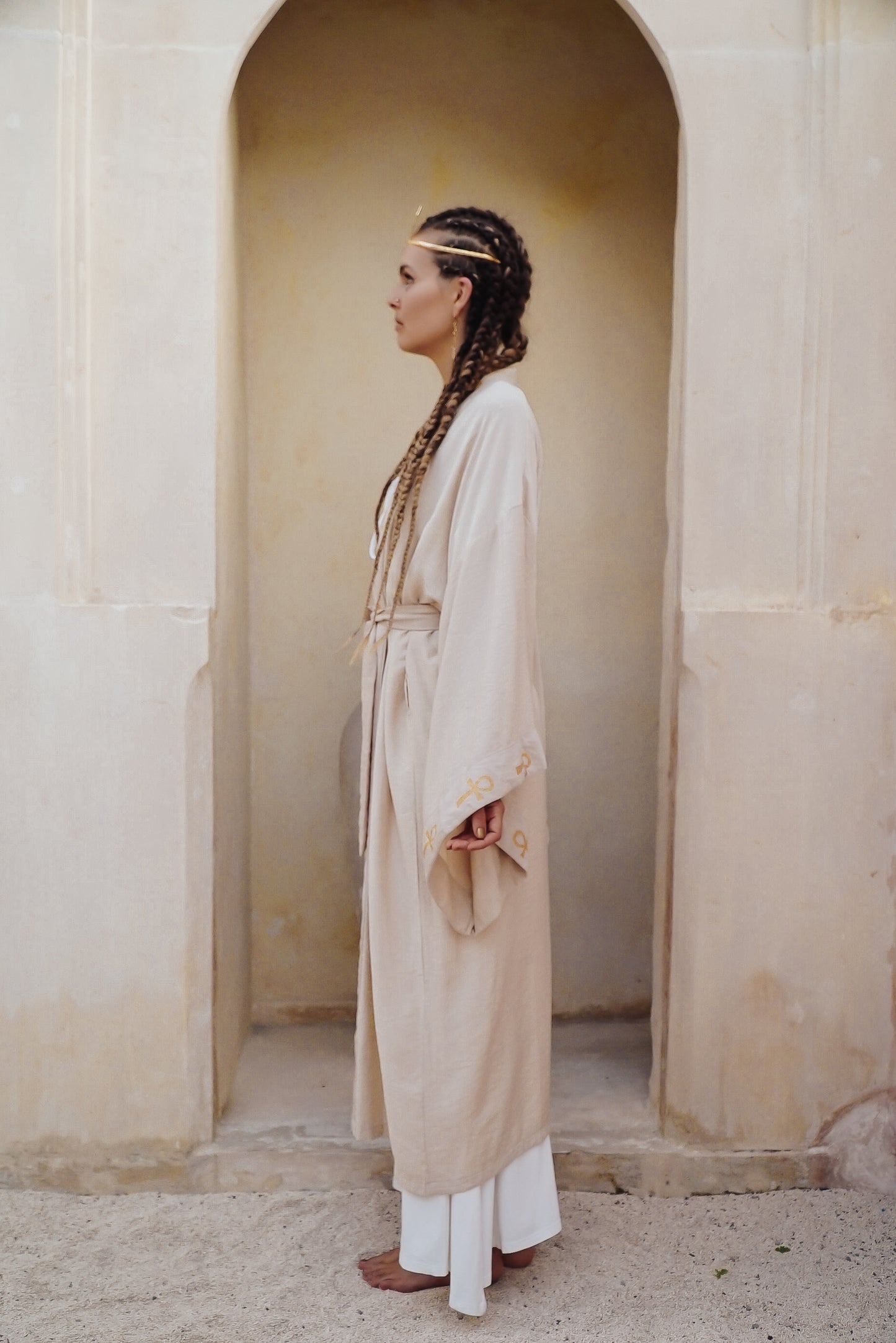 Hathor gold sand linen long kimono ......
