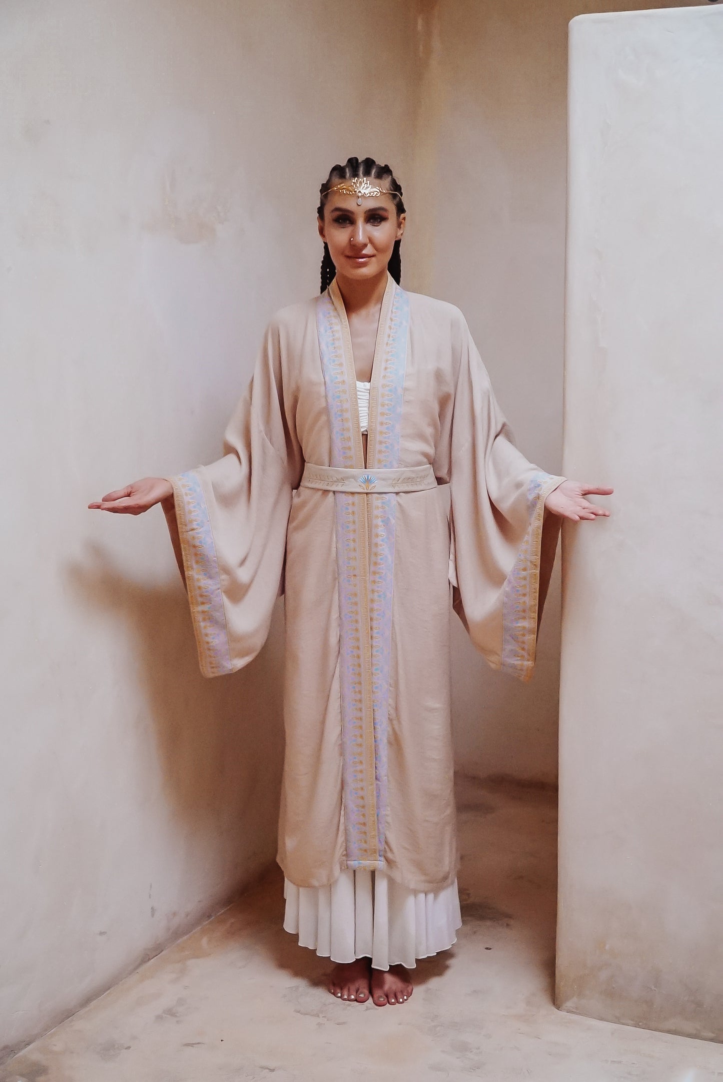 Isis Auset Lotus offering sand linen long kimono