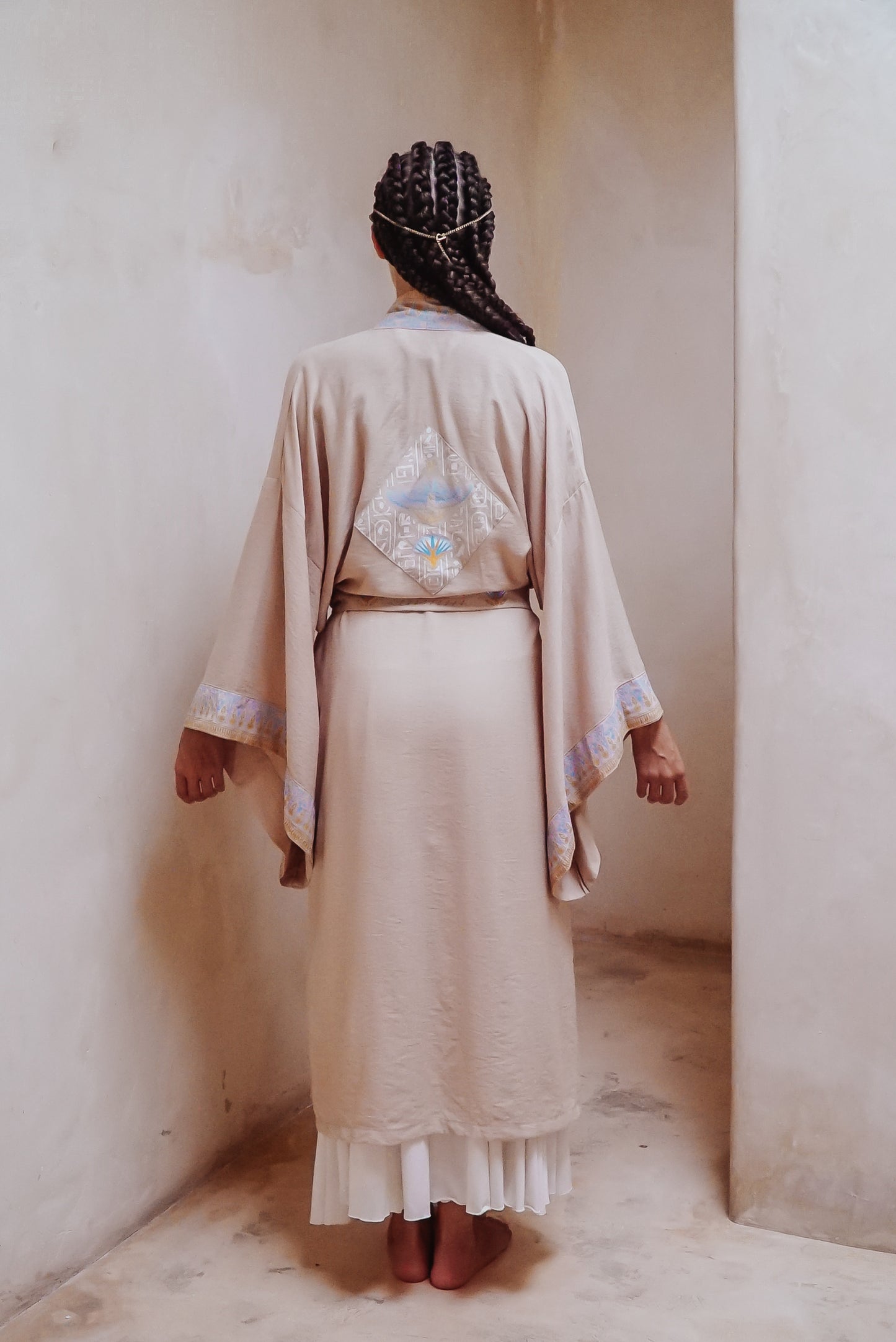 Isis Auset Lotus offering sand linen long kimono