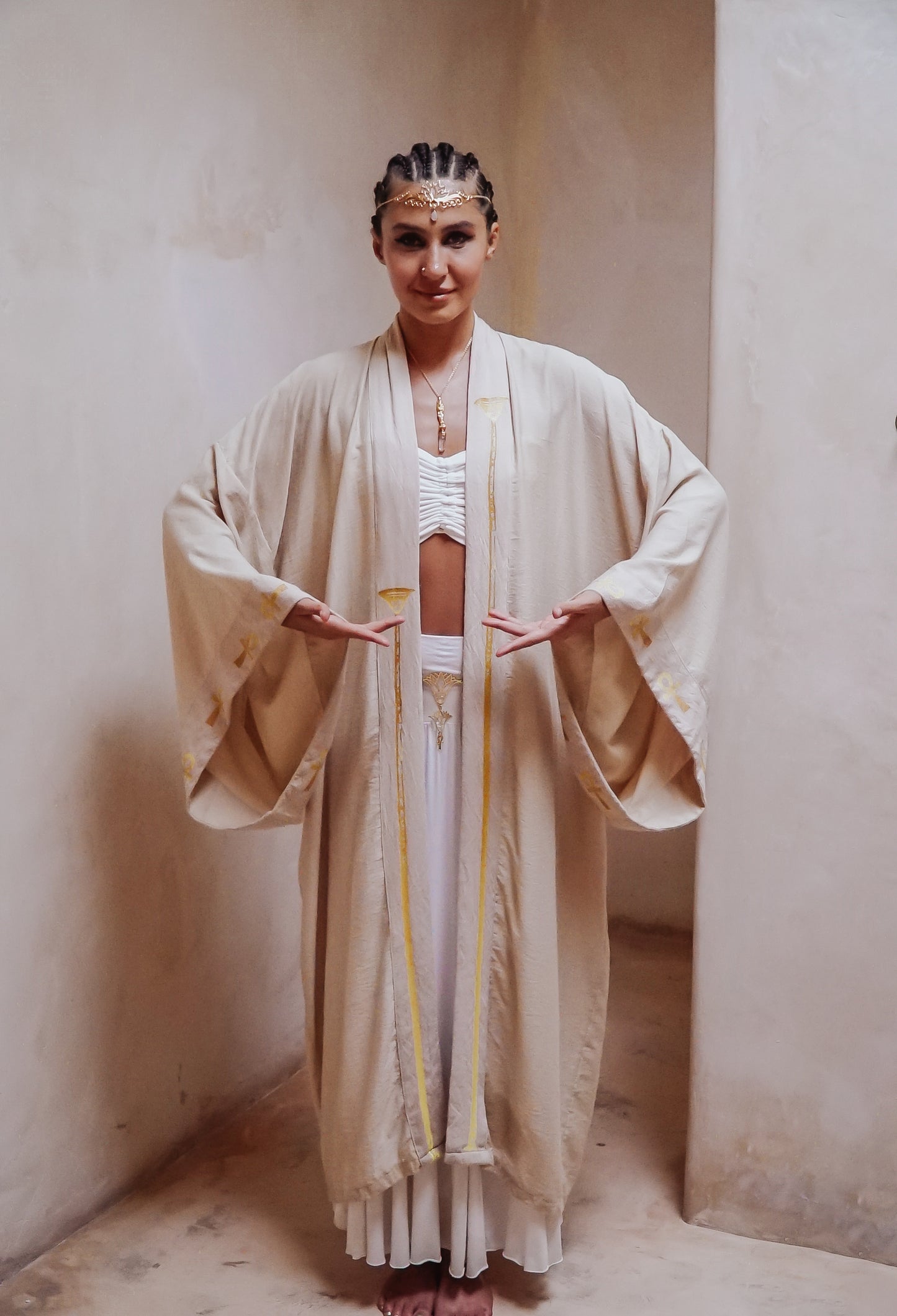 Gold Sekhmet lotus long kimono