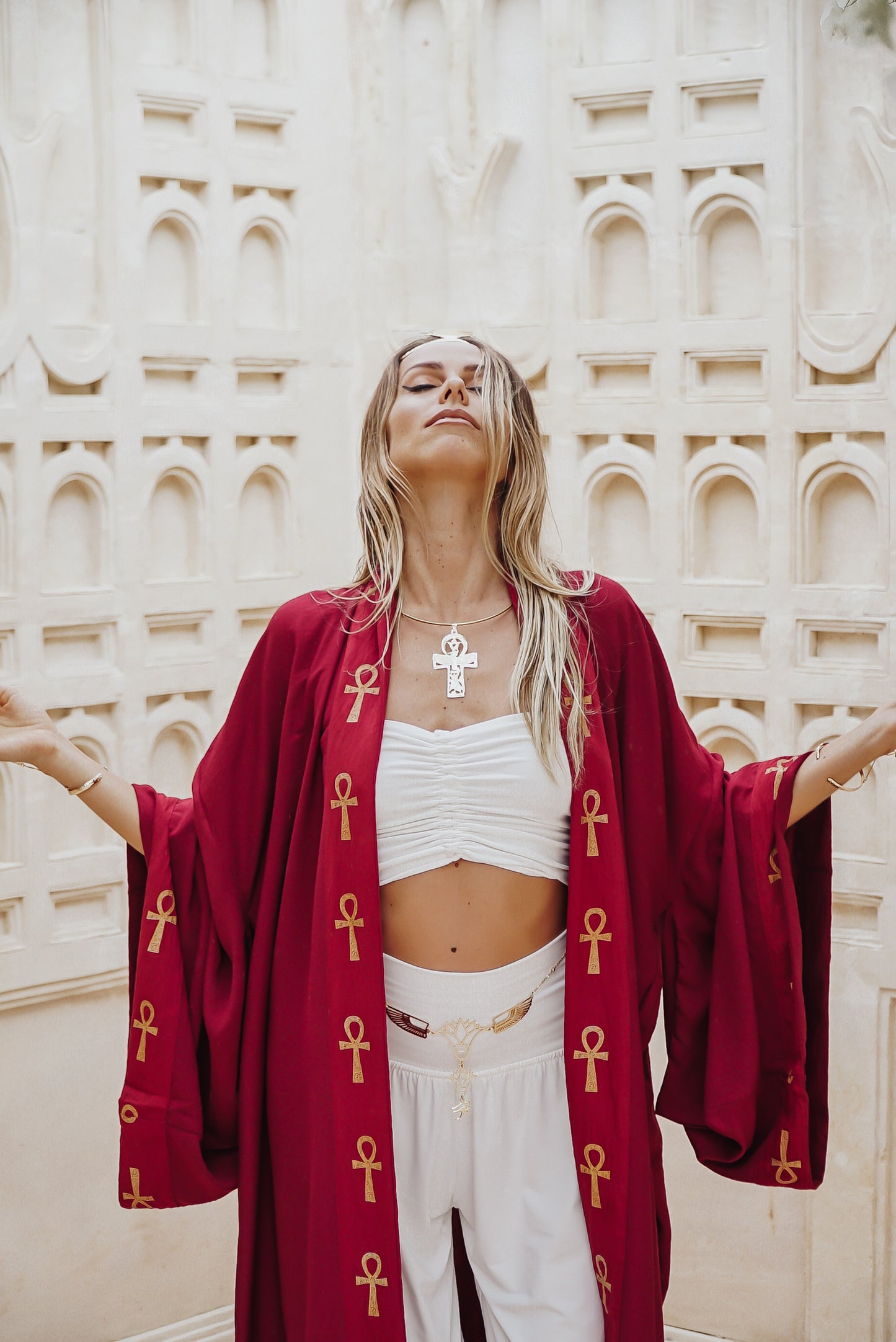 Winged Ankh Scarlet Red Linen Kimono