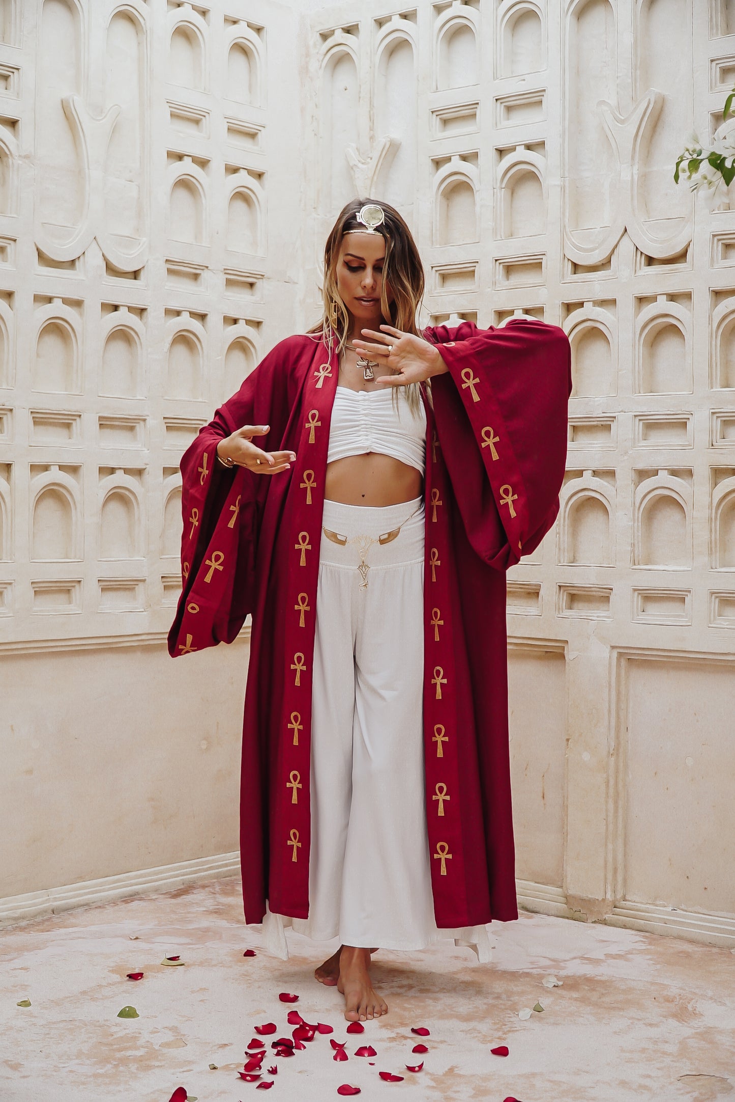 Winged Ankh Scarlet Red Linen Kimono