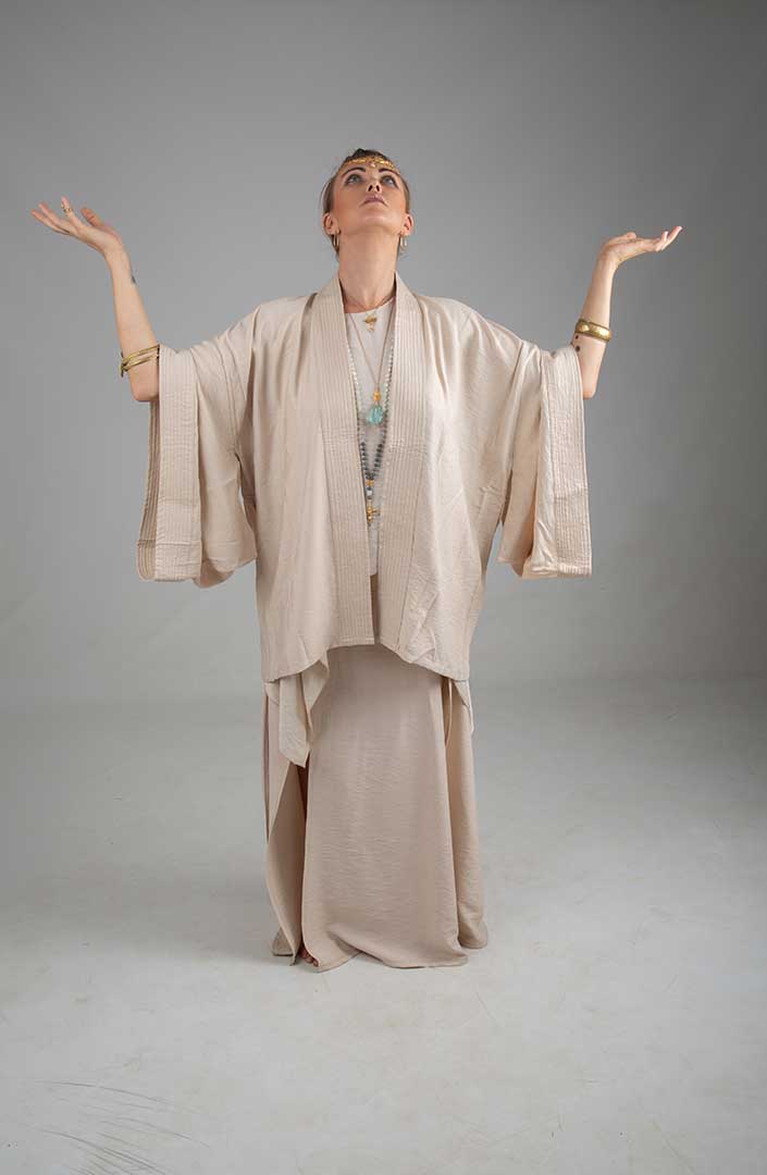 Lotus Priestess Gold Ninja Kimono light sand linen