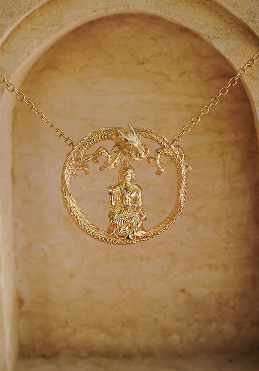 Gold plaited Dragon and Sitting Quan Yin Buddha Power Pendant ....