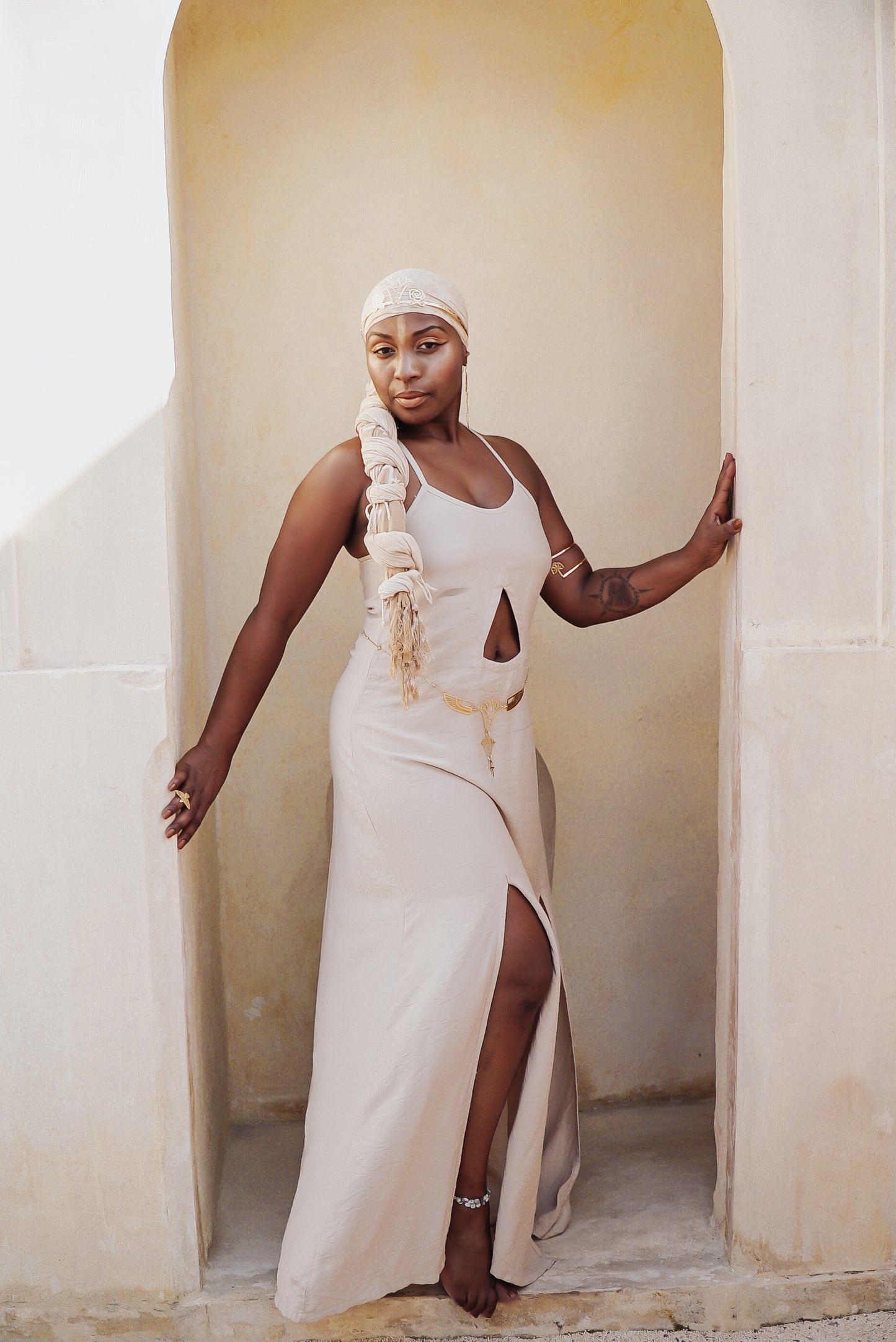 SET Golden Sekhmet Sand Linen Long Kimono & Sand Pyramid dress,