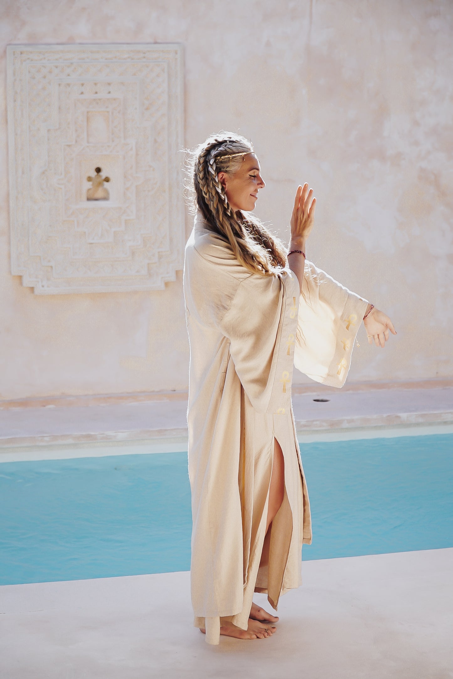 SET Golden Sekhmet Sand Linen Long Kimono & Sand Pyramid dress,
