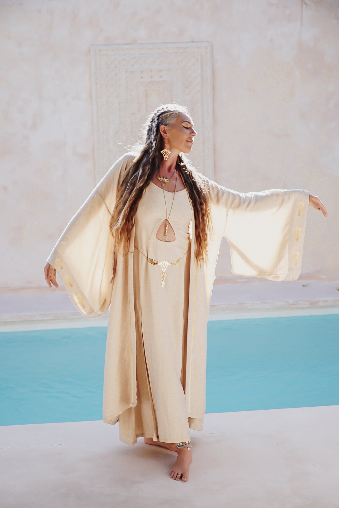 SET Golden Sekhmet Sand Linen Long Kimono & Sand Pyramid dress,