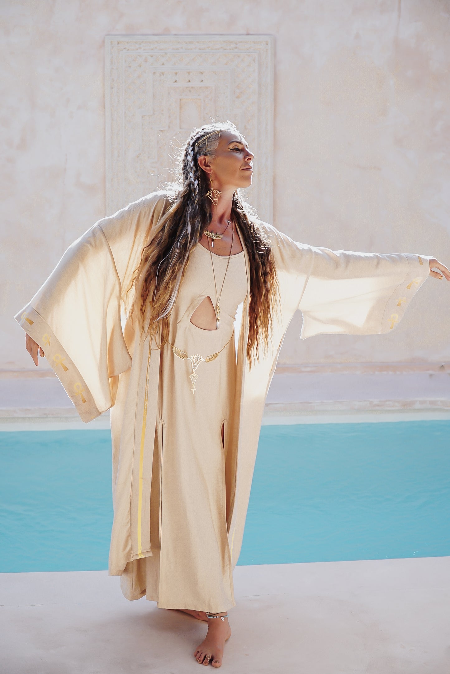 SET Golden Sekhmet Sand Linen Long Kimono & Sand Pyramid dress,