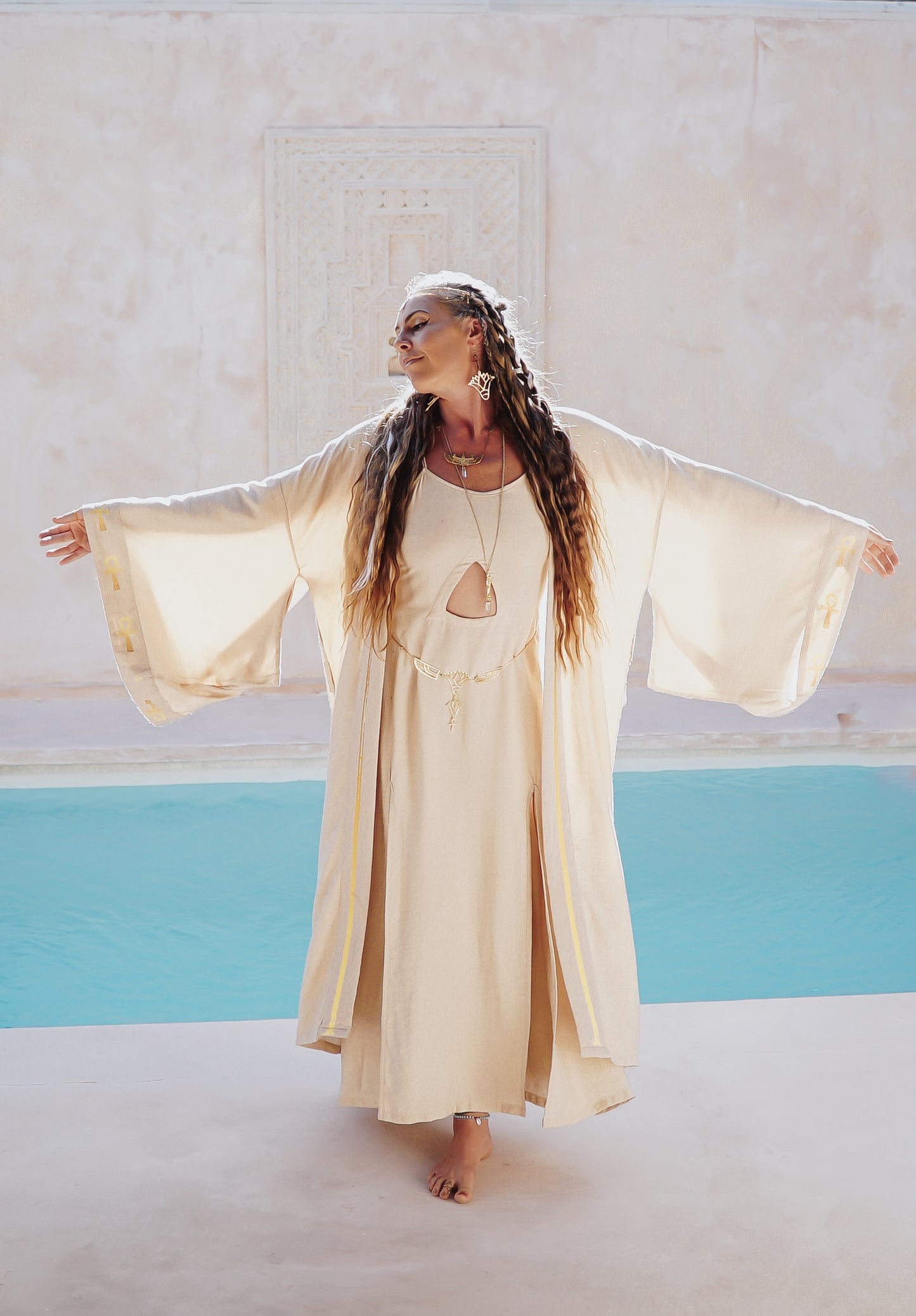 SET Golden Sekhmet Sand Linen Long Kimono & Sand Pyramid dress,