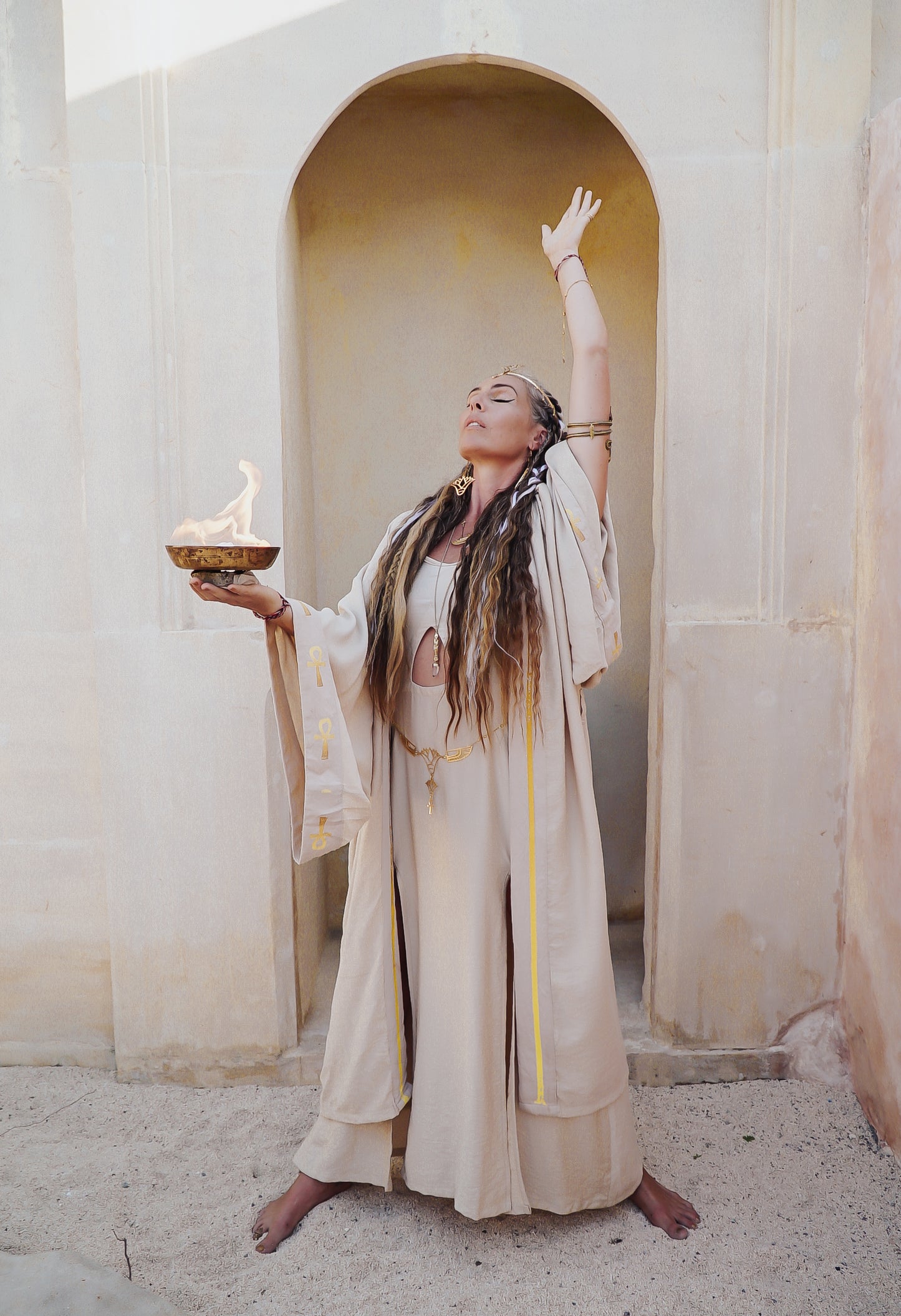 SET Golden Sekhmet Sand Linen Long Kimono & Sand Pyramid dress,