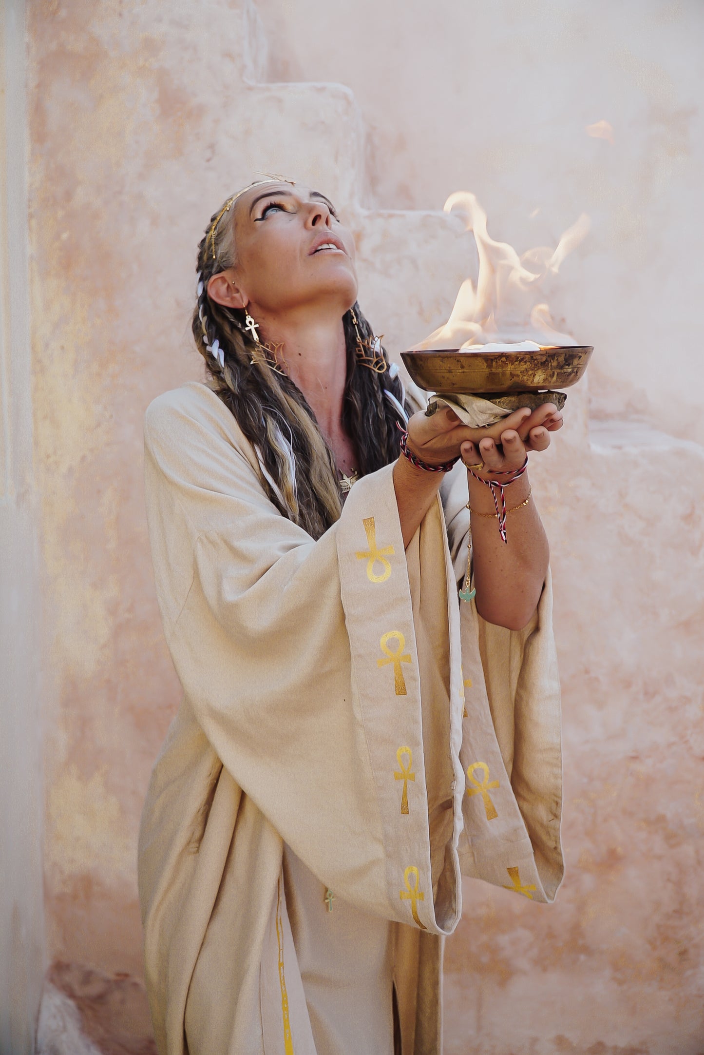 SET Golden Sekhmet Sand Linen Long Kimono & Sand Pyramid dress,