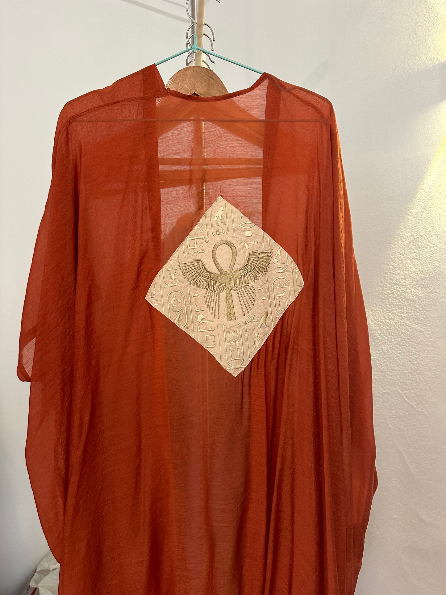 Exclusive Limited edition flame orange cotton embroidered ankh robe.