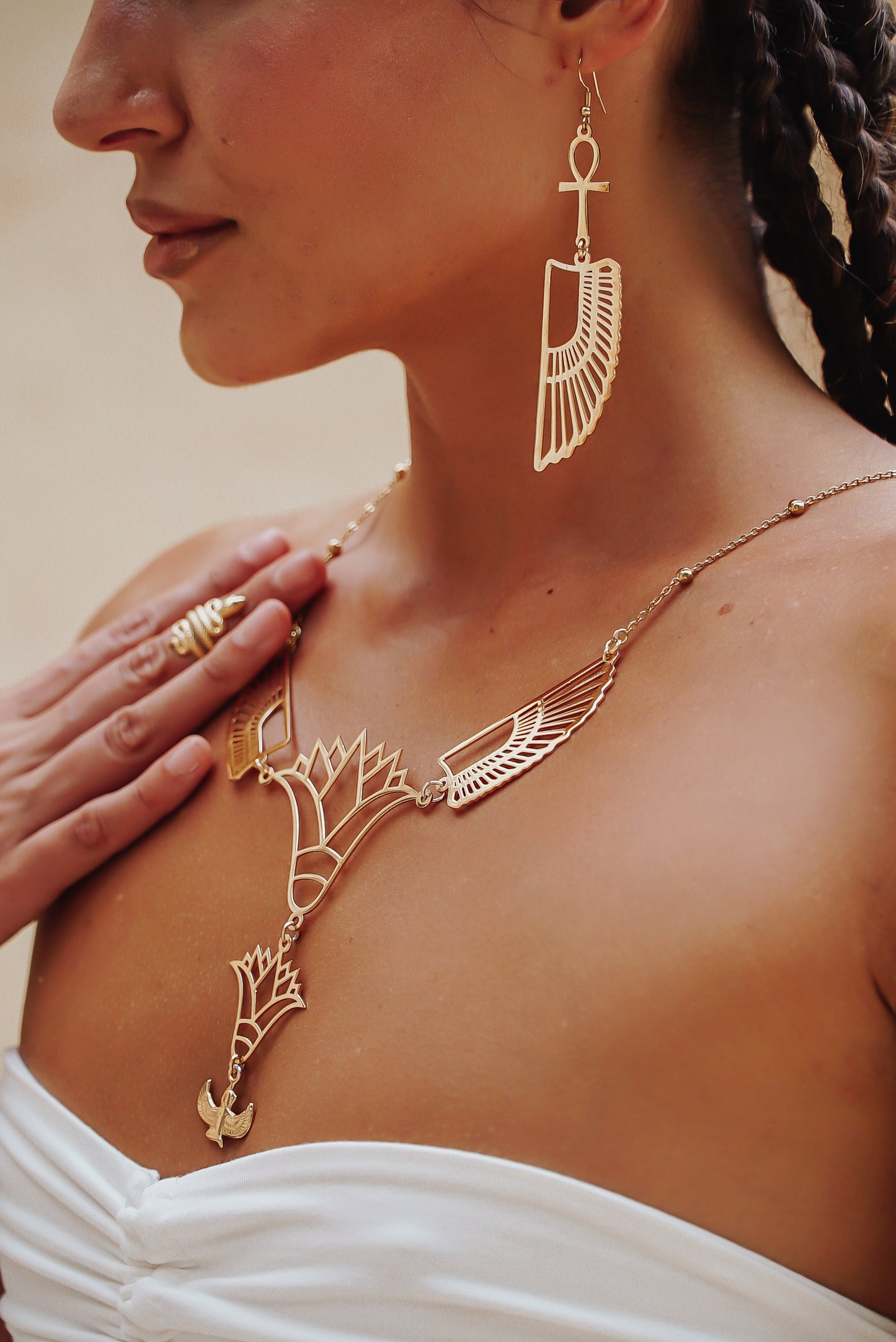 SET Double lotus Auset Isis knecklace, ankh wing earrings & snake finger/ toe ring.