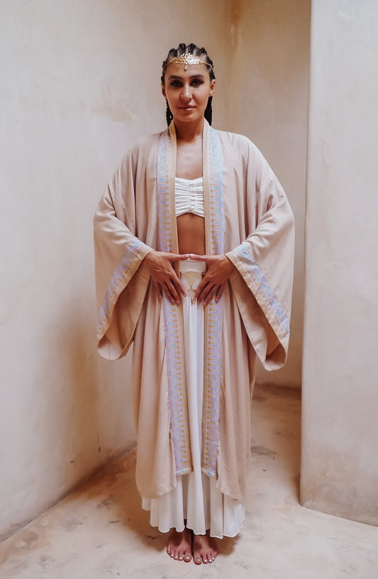 Isis Auset Lotus offering sand linen long kimono