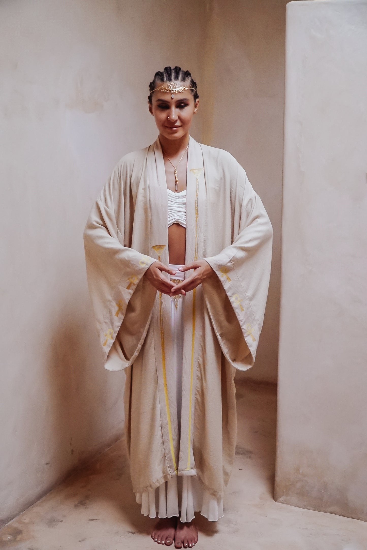 Gold Sekhmet lotus long kimono