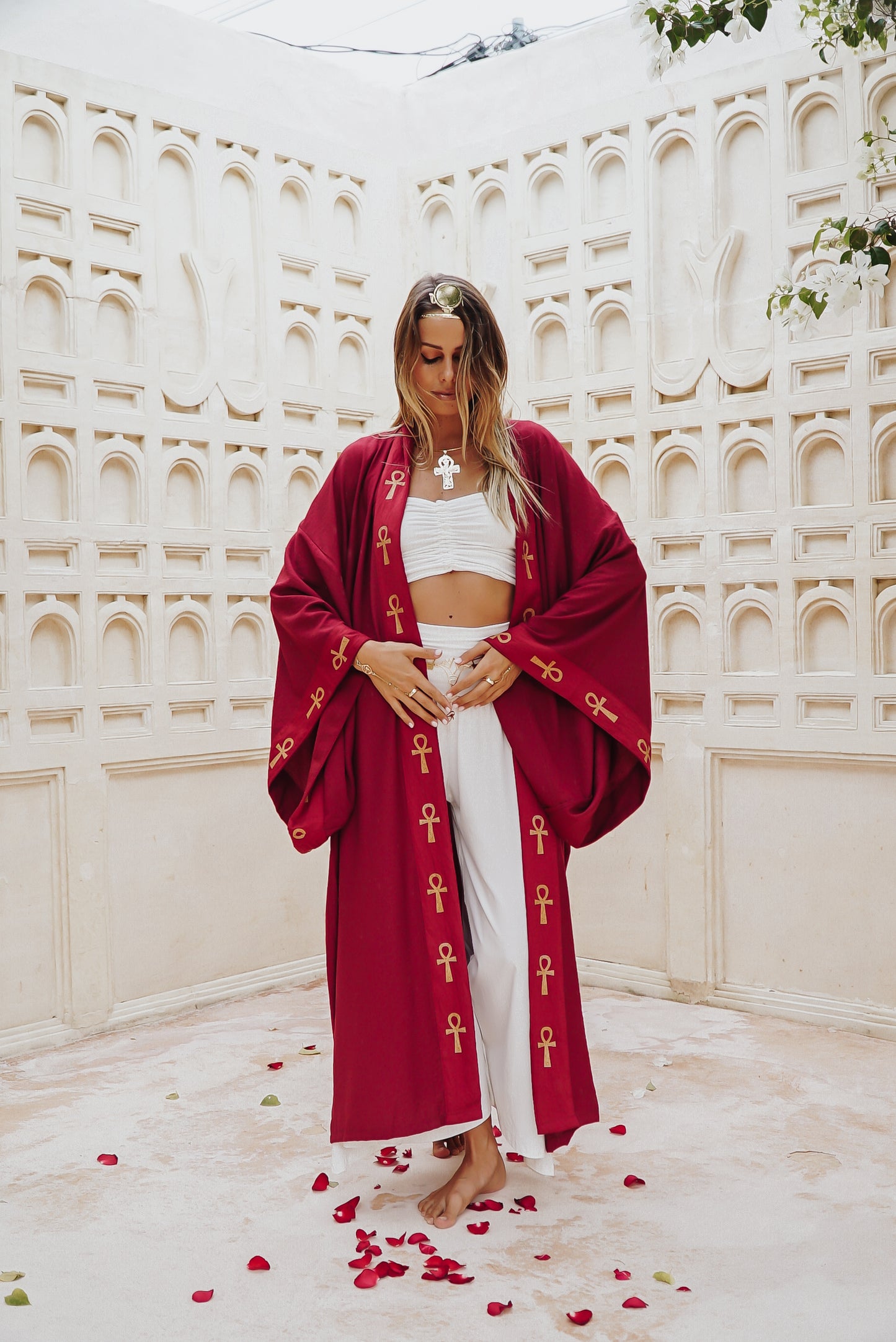 Winged Ankh Scarlet Red Linen Kimono