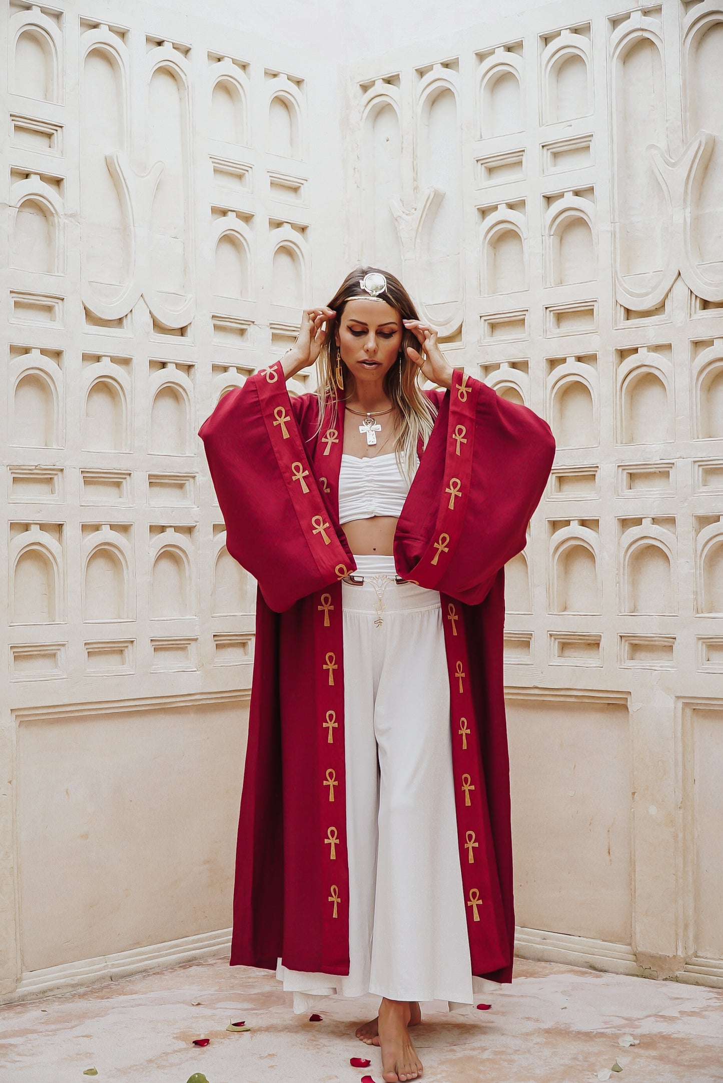 Winged Ankh Scarlet Red Linen Kimono