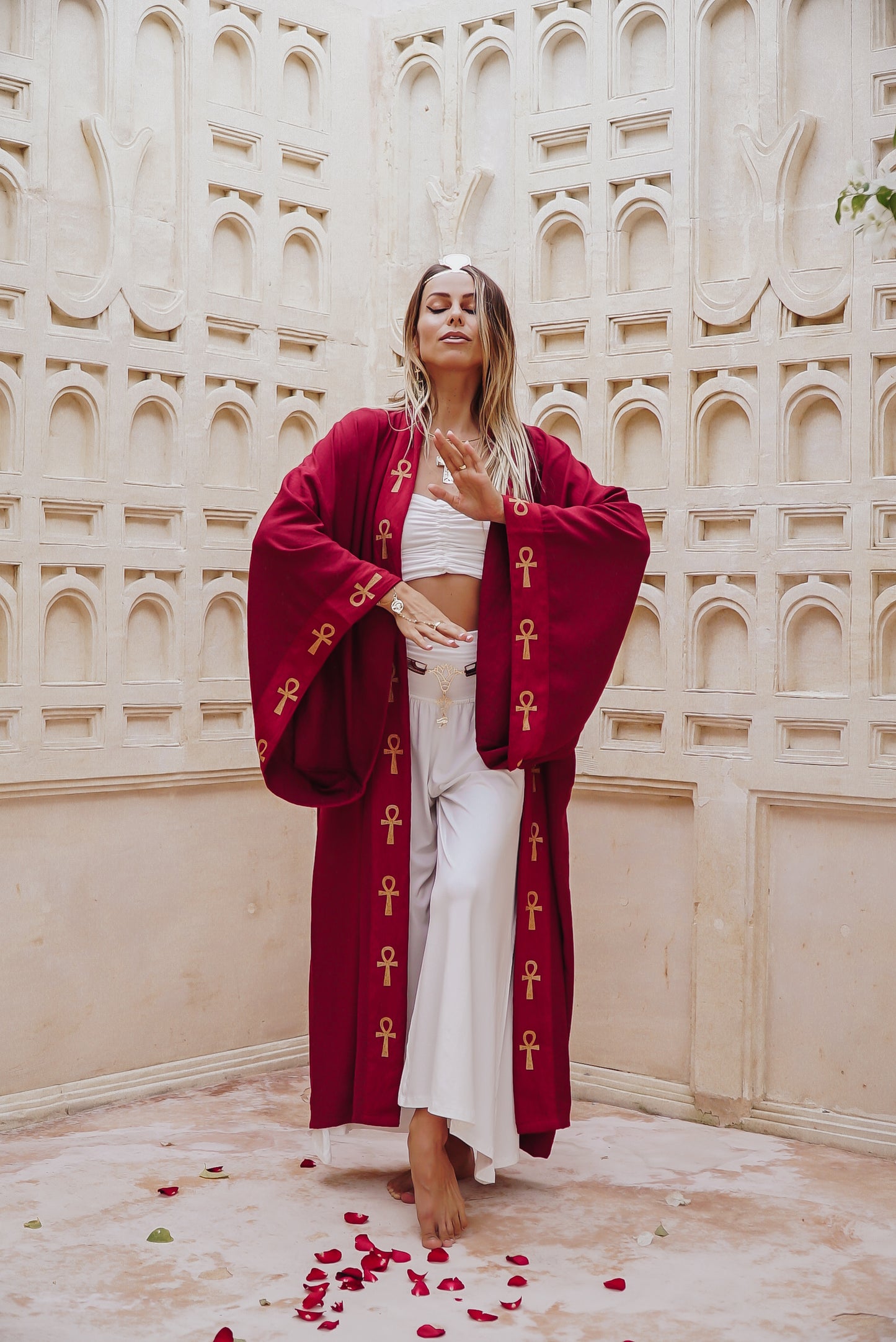 Winged Ankh Scarlet Red Linen Kimono