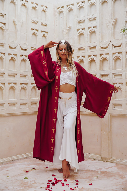 Winged Ankh Scarlet Red Linen Kimono