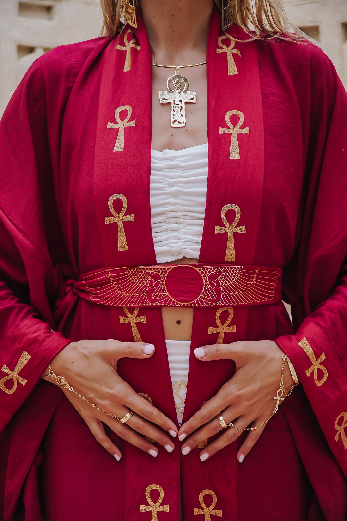 Winged Ankh Scarlet Red Linen Kimono