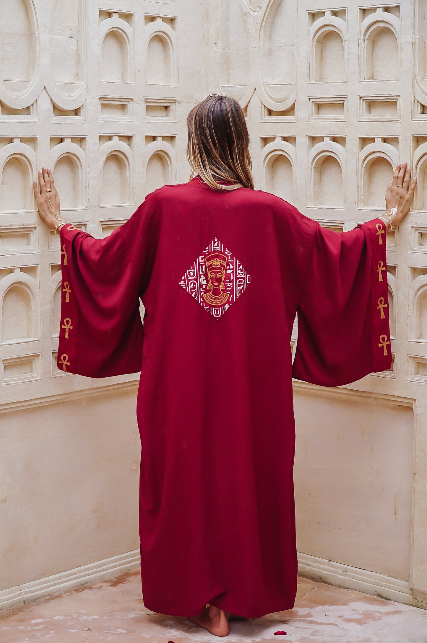 Nefrititi Ankh Scarlet Red Linen Kimono