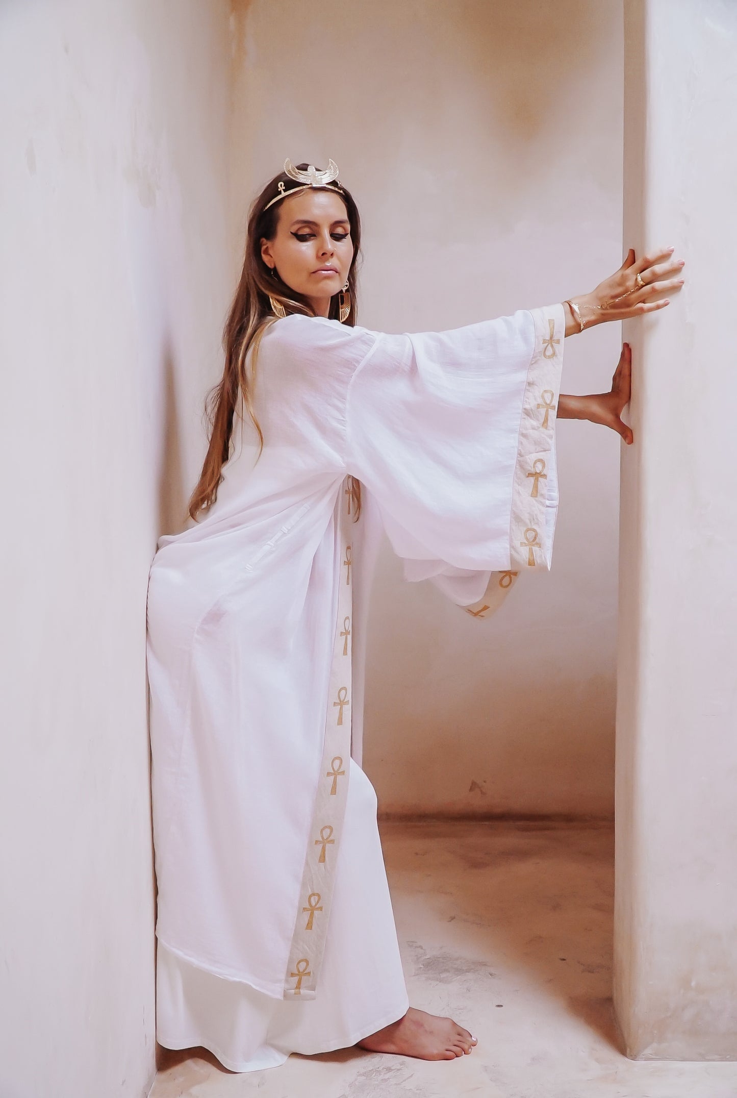 Eye of Ra on the horizon white turkish cotton ankh long kimono