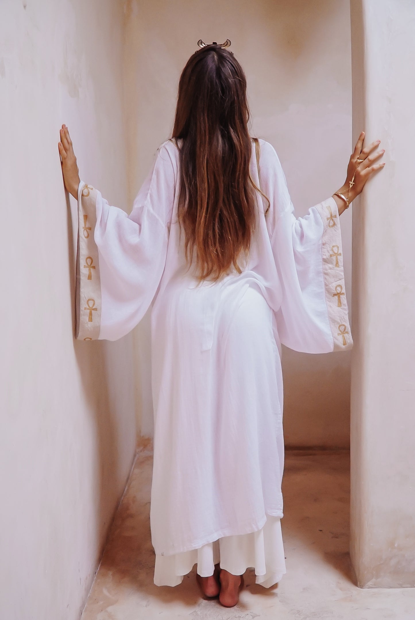 Eye of Ra on the horizon white turkish cotton ankh long kimono