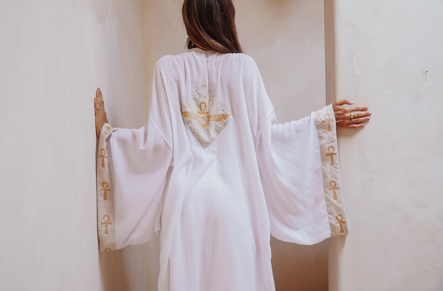 Eye of Ra on the horizon white turkish cotton ankh long kimono