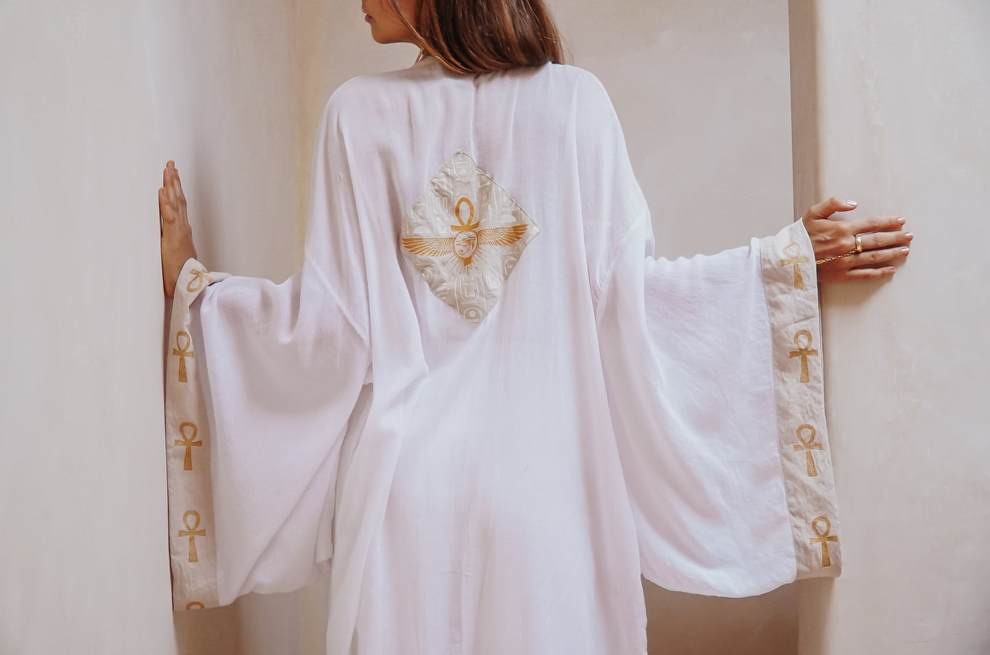 Eye of Ra on the horizon white turkish cotton ankh long kimono