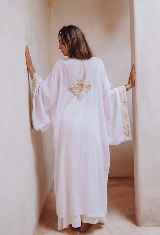 Eye of Ra on the horizon white turkish cotton ankh long kimono