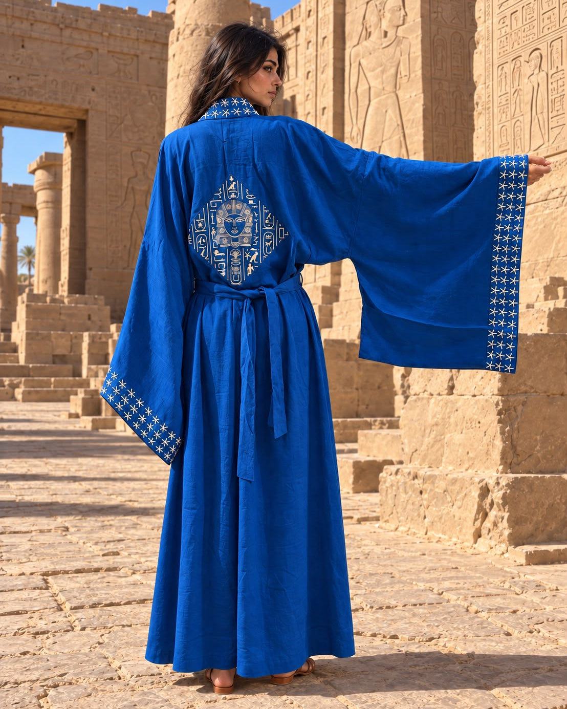 Embroidered Dendera Star Hathor Long Kimono — Royal Blue
