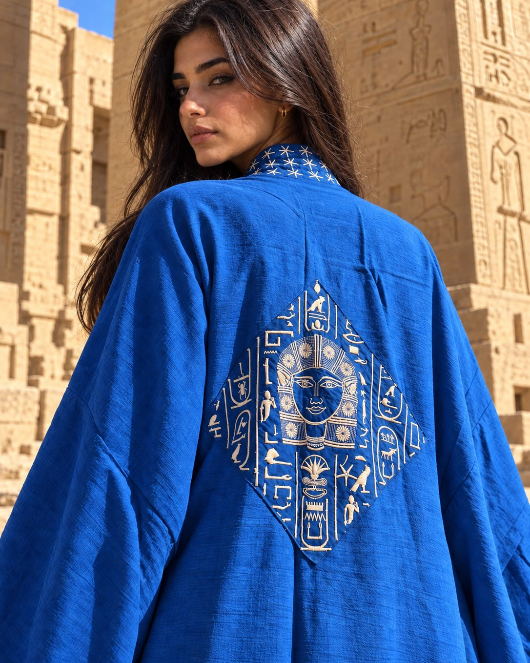 Embroidered Dendera Star Hathor Long Kimono — Royal Blue