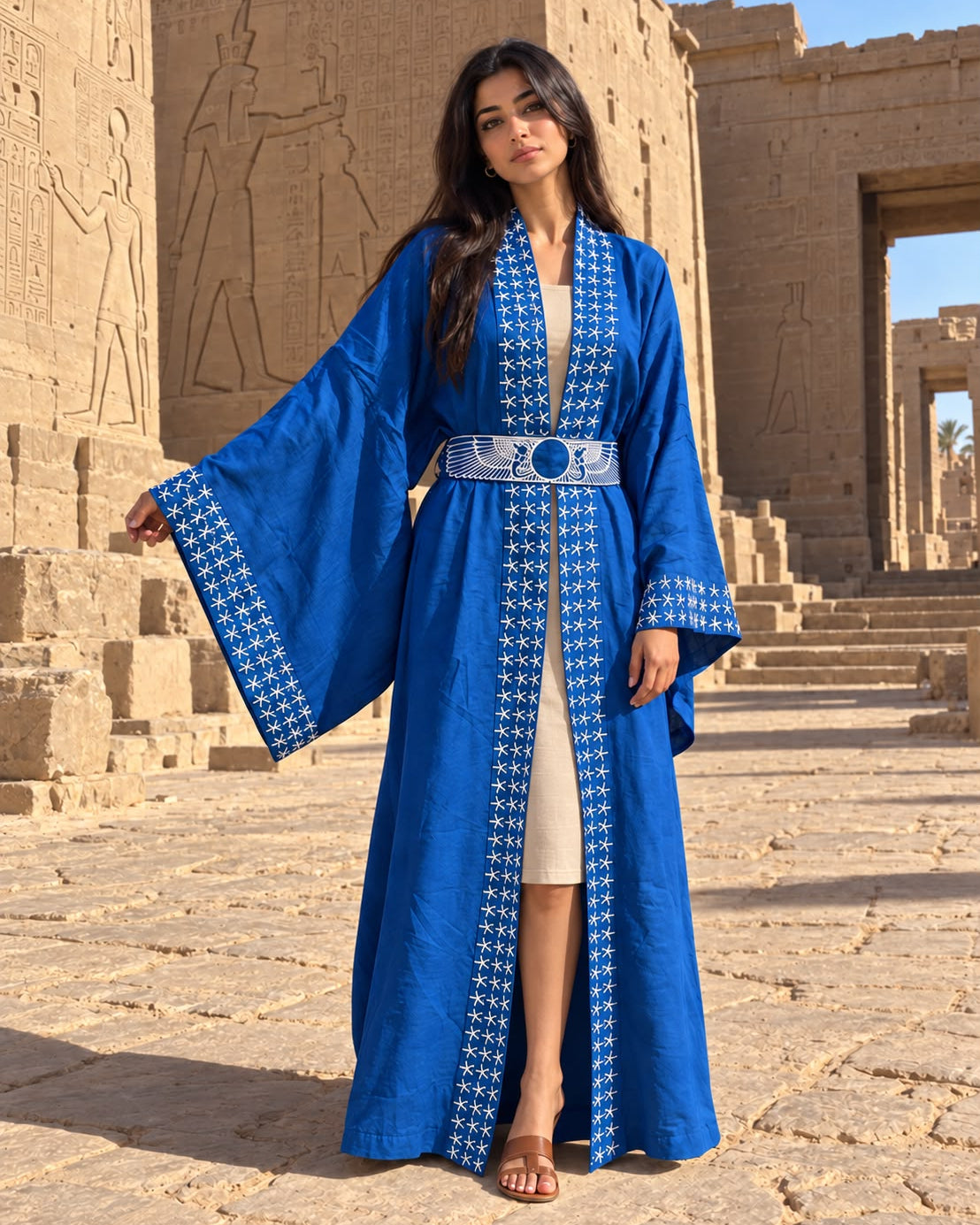 Embroidered Dendera Star Hathor Long Kimono — Royal Blue