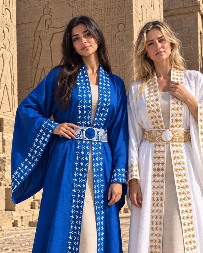 Embroidered Dendera Star Hathor Long Kimono — Royal Blue