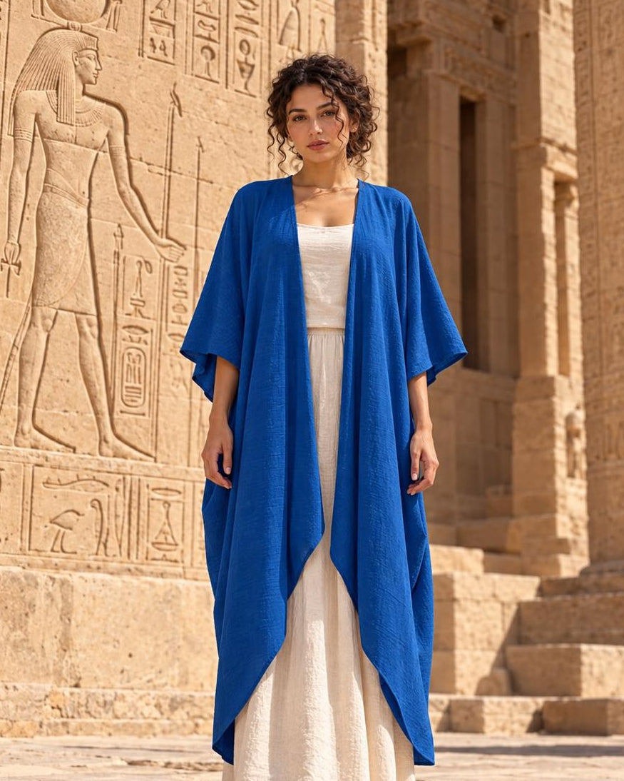 royal blue linen embroidered lotus robe