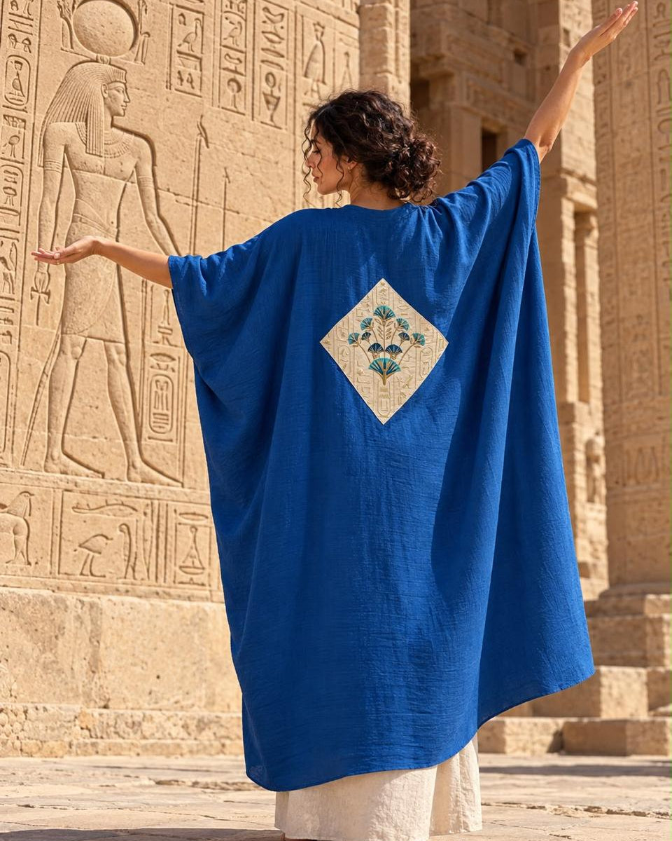 royal blue linen embroidered lotus robe