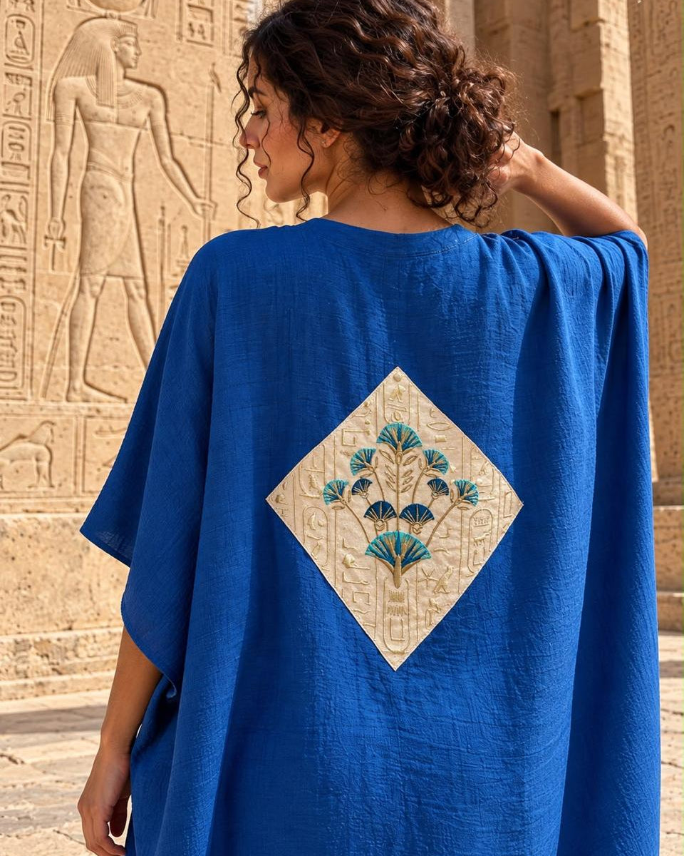 royal blue linen embroidered lotus robe