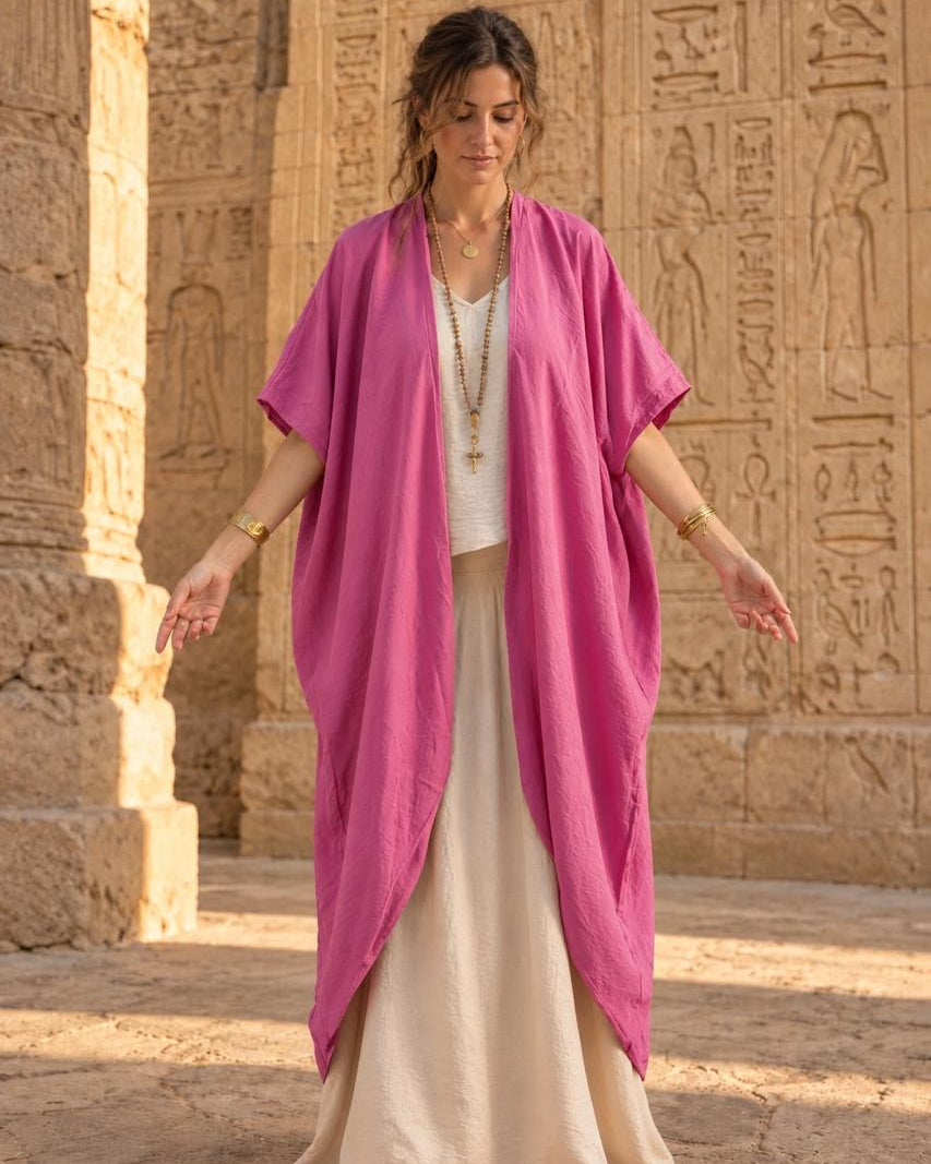 pink linen embroidered lotus robe