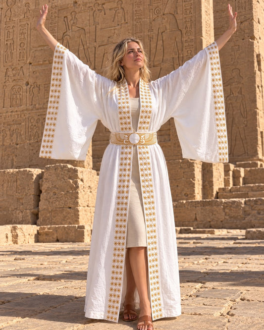Embroidered dendara star hathor long kimono - White