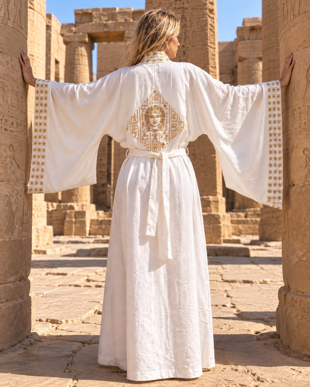 Embroidered dendara star hathor long kimono - White
