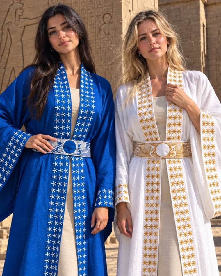 Embroidered dendara star hathor long kimono - White