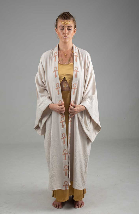 Isis Circle of Light Mystic Ankh front Kimono light sand linen