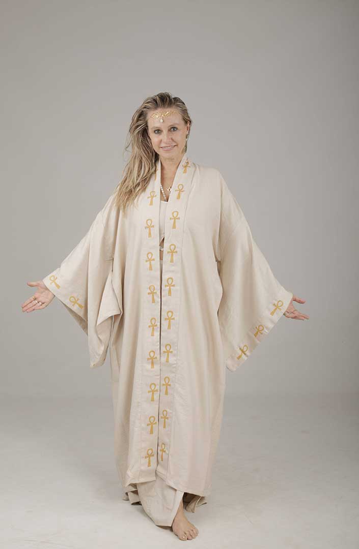 Isis Circle of Light Mystic Ankh Kimono sand linen